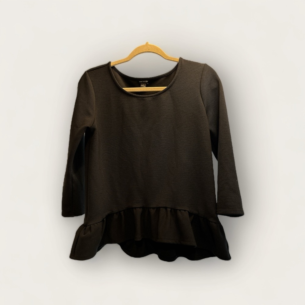 ANN TAYLOR | Peplum Top | Black Blouse | Long Sleeve | Size Small